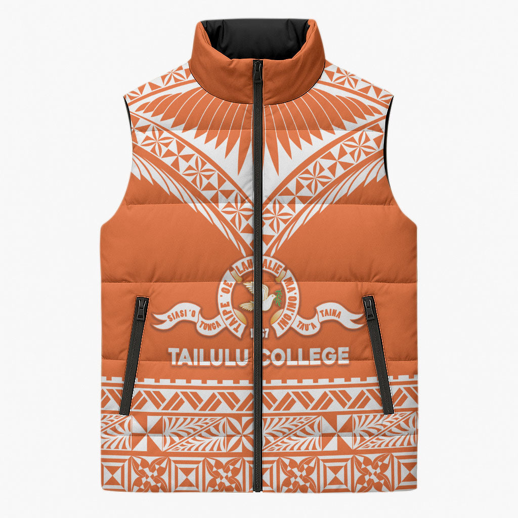 Personalised Tonga Tailulu College Sleeveless Puffer Jacket Tongan Kupesi Pattern