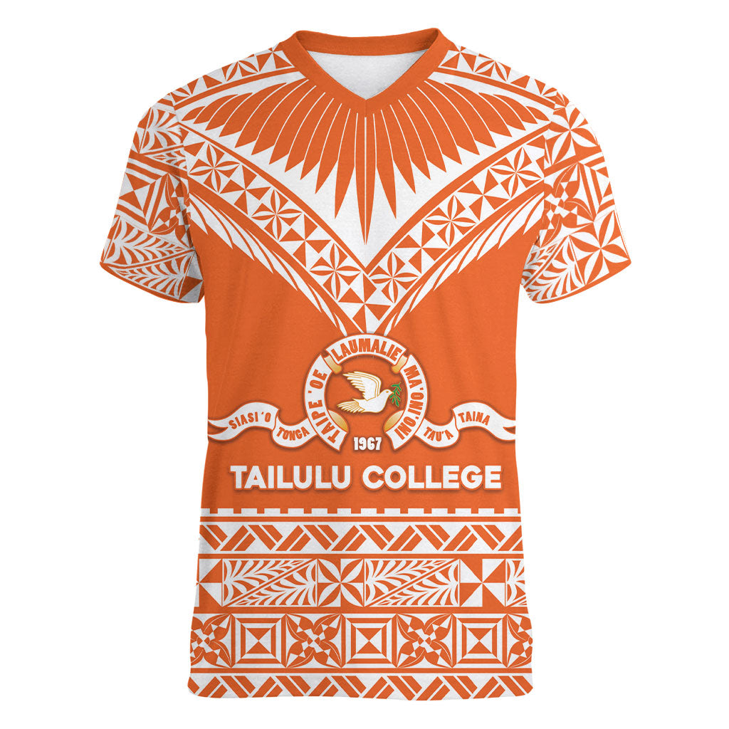 Personalised Tonga Tailulu College Women V-Neck T-Shirt Tongan Kupesi Pattern