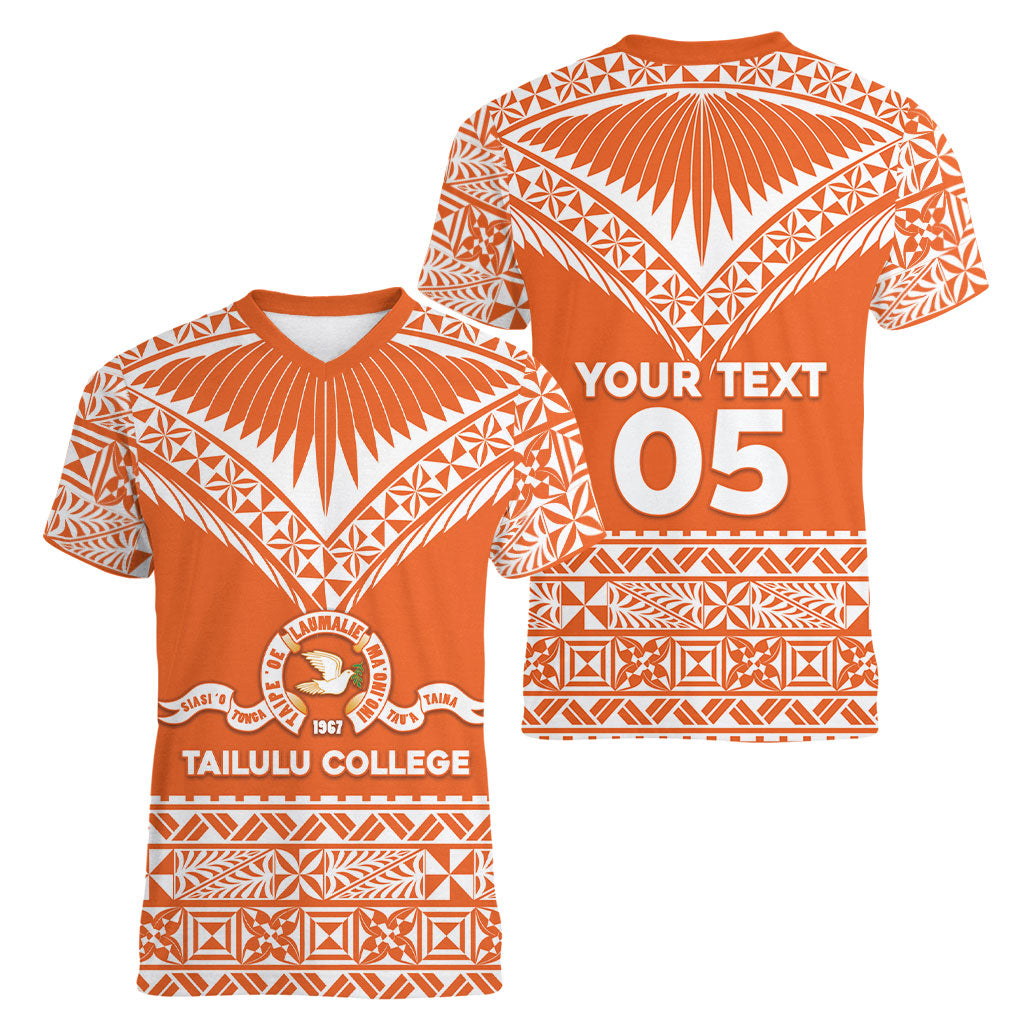 Personalised Tonga Tailulu College Women V-Neck T-Shirt Tongan Kupesi Pattern