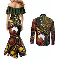 Vanuatu And Australia Aboriginal Couples Matching Mermaid Dress and Long Sleeve Button Shirt Iguana And Kangaroo Together