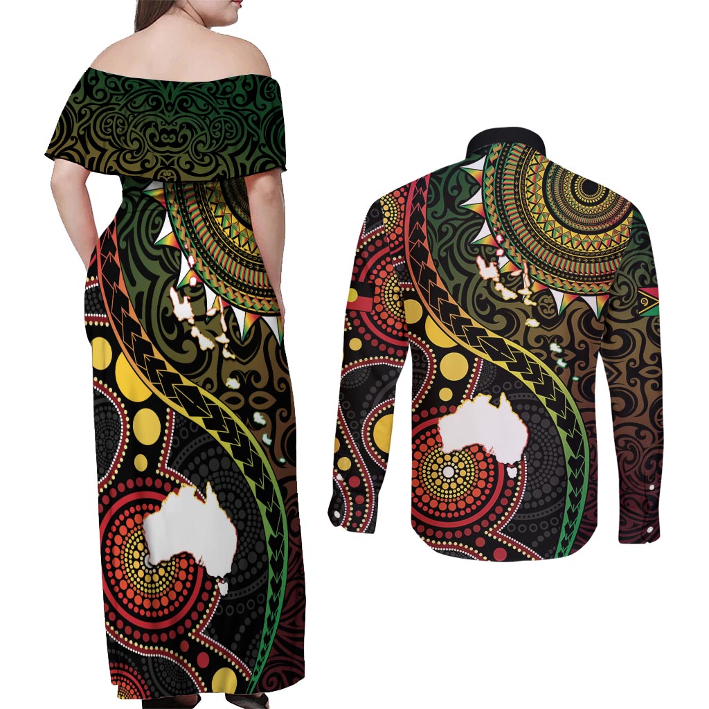 Vanuatu And Australia Aboriginal Couples Matching Off Shoulder Maxi Dress and Long Sleeve Button Shirt Iguana And Kangaroo Together