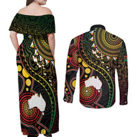Vanuatu And Australia Aboriginal Couples Matching Off Shoulder Maxi Dress and Long Sleeve Button Shirt Iguana And Kangaroo Together