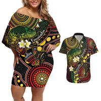 Vanuatu And Australia Aboriginal Couples Matching Off Shoulder Short Dress and Hawaiian Shirt Iguana And Kangaroo Together