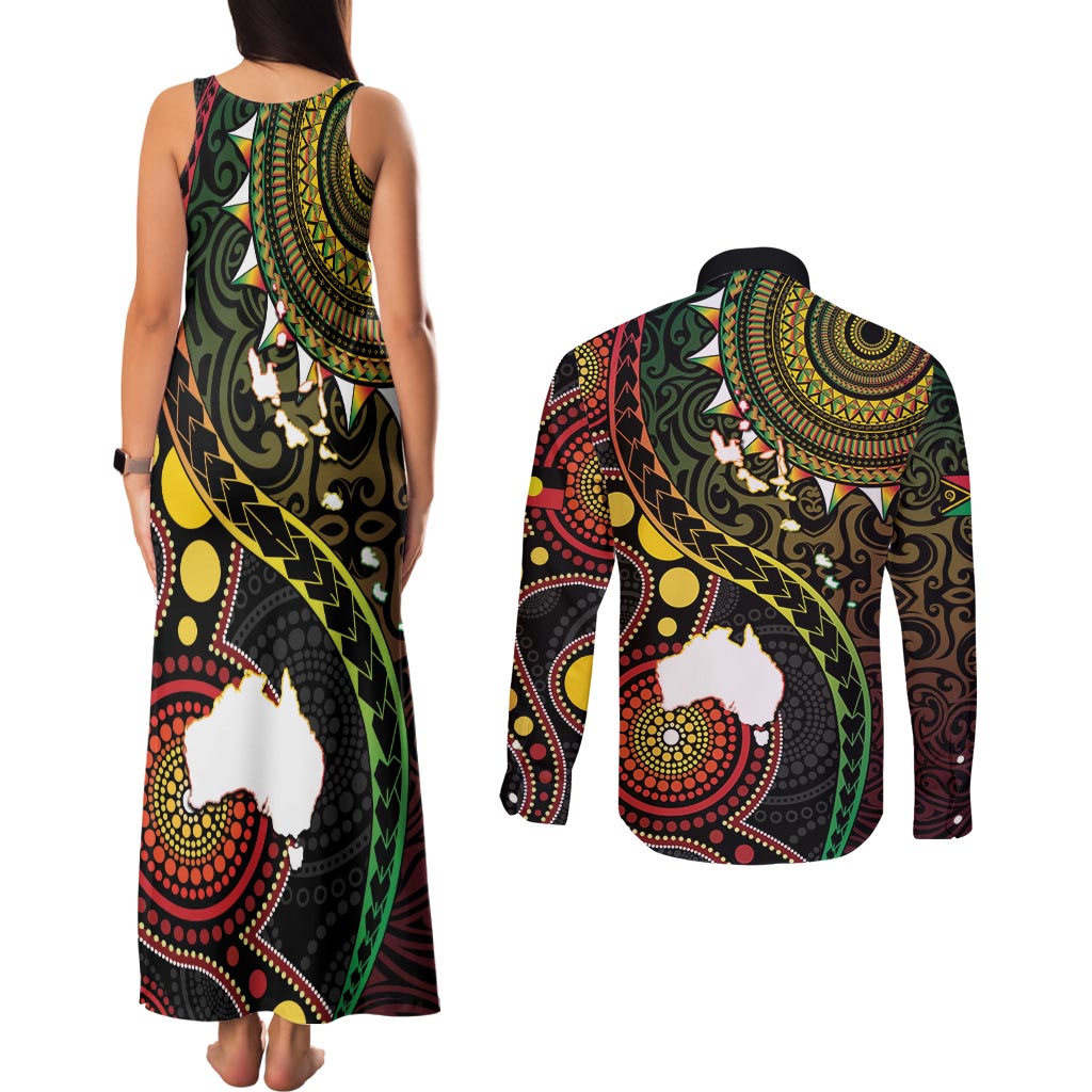 Vanuatu And Australia Aboriginal Couples Matching Tank Maxi Dress and Long Sleeve Button Shirt Iguana And Kangaroo Together