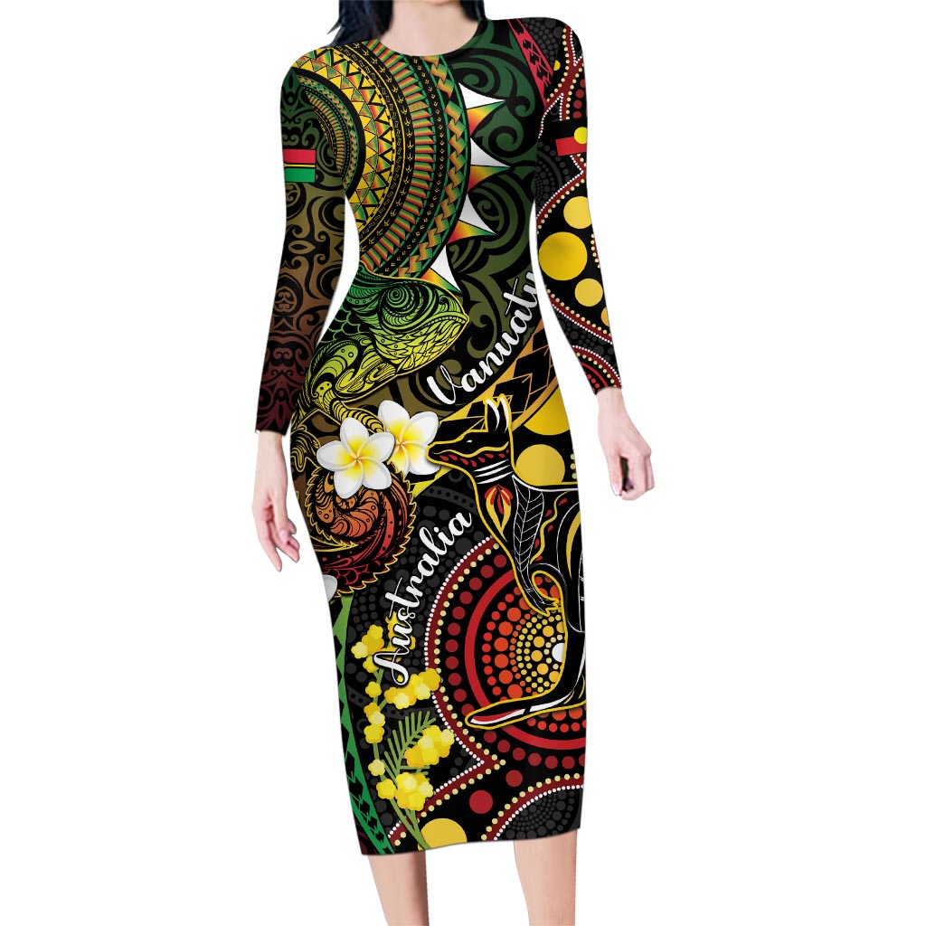 Vanuatu And Australia Aboriginal Family Matching Long Sleeve Bodycon Dress and Hawaiian Shirt Iguana And Kangaroo Together LT05 Mom's Dress Black - Polynesian Pride