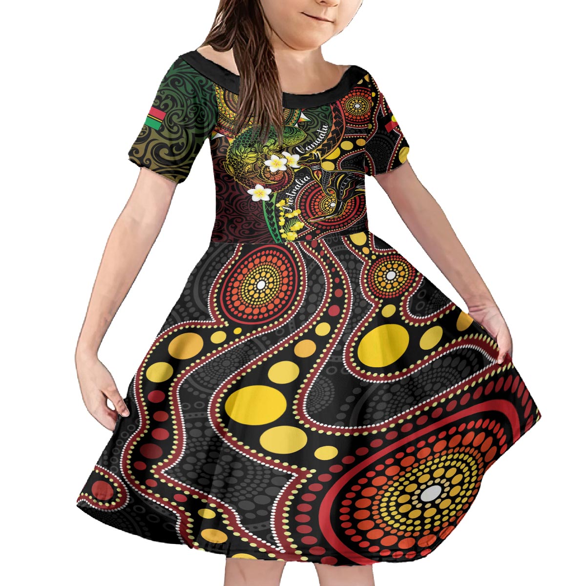 Vanuatu And Australia Aboriginal Family Matching Off The Shoulder Long Sleeve Dress and Hawaiian Shirt Iguana And Kangaroo Together LT05 Daughter's Dress Black - Polynesian Pride