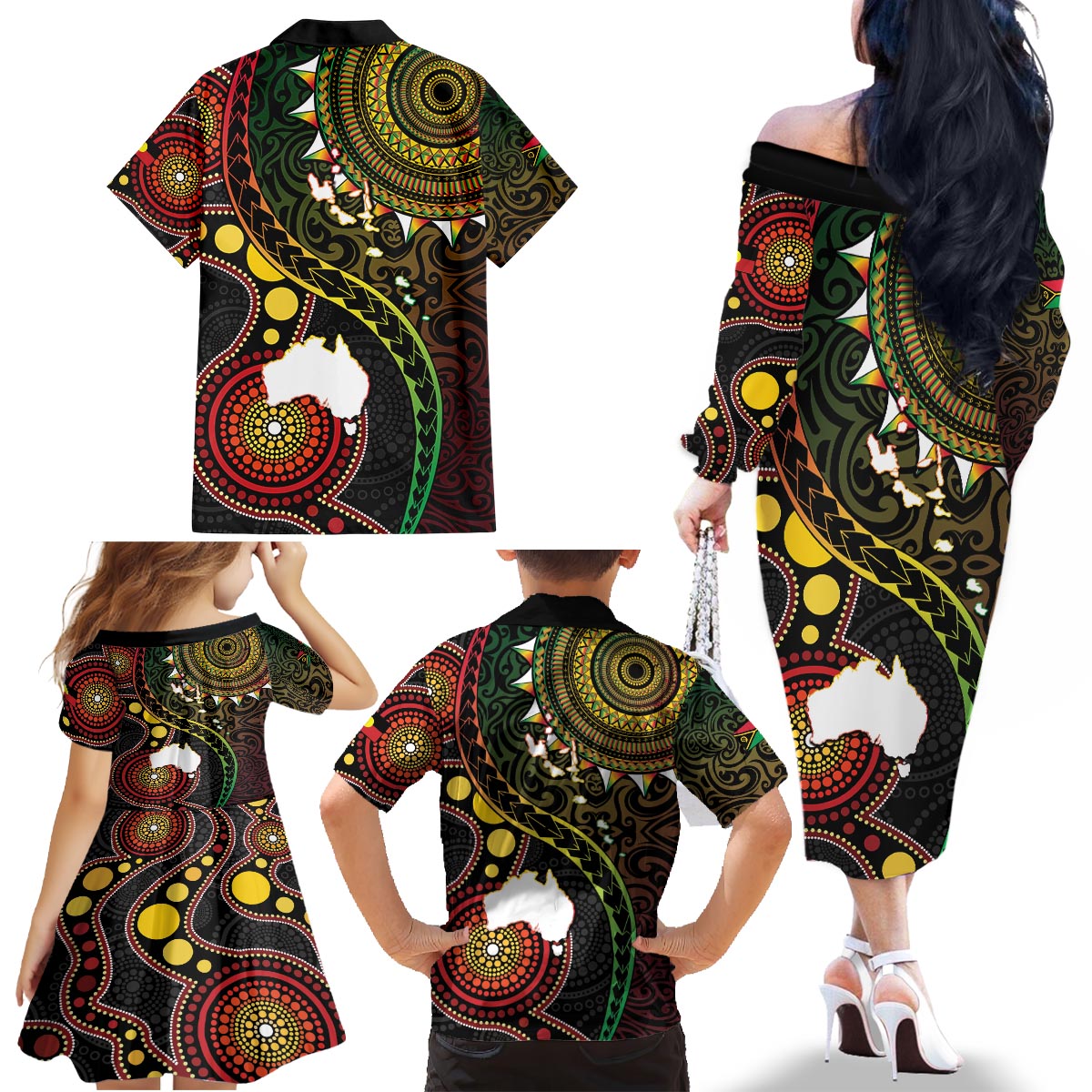Vanuatu And Australia Aboriginal Family Matching Off The Shoulder Long Sleeve Dress and Hawaiian Shirt Iguana And Kangaroo Together LT05 - Polynesian Pride