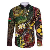 Vanuatu And Australia Aboriginal Family Matching Off The Shoulder Long Sleeve Dress and Hawaiian Shirt Iguana And Kangaroo Together LT05 Dad's Shirt - Long Sleeve Black - Polynesian Pride