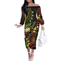 Vanuatu And Australia Aboriginal Family Matching Off The Shoulder Long Sleeve Dress and Hawaiian Shirt Iguana And Kangaroo Together LT05 Mom's Dress Black - Polynesian Pride
