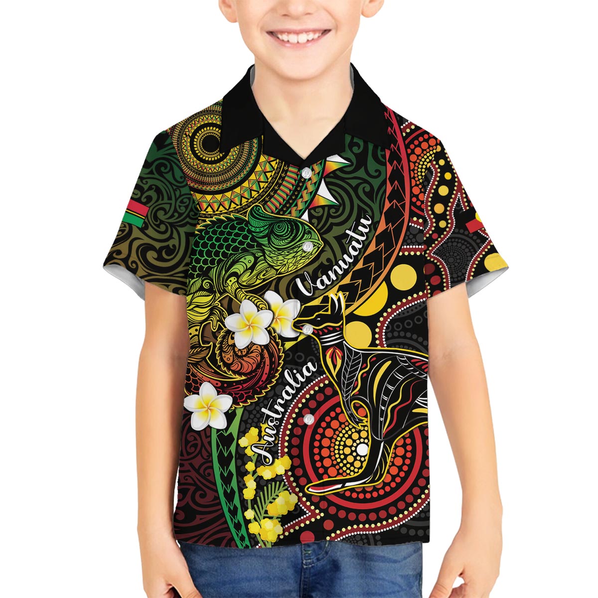 Vanuatu And Australia Aboriginal Family Matching Off The Shoulder Long Sleeve Dress and Hawaiian Shirt Iguana And Kangaroo Together LT05 Son's Shirt Black - Polynesian Pride