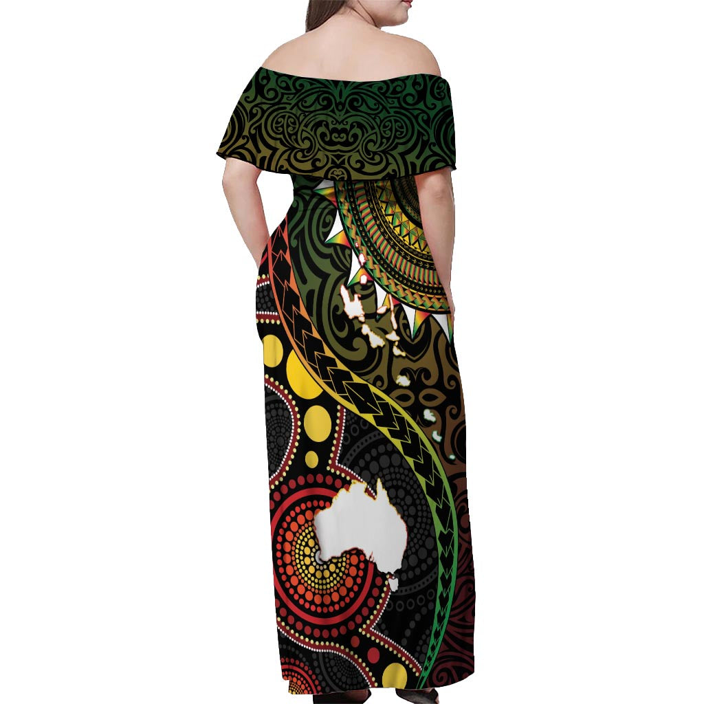 Vanuatu And Australia Aboriginal Off Shoulder Maxi Dress Iguana And Kangaroo Together