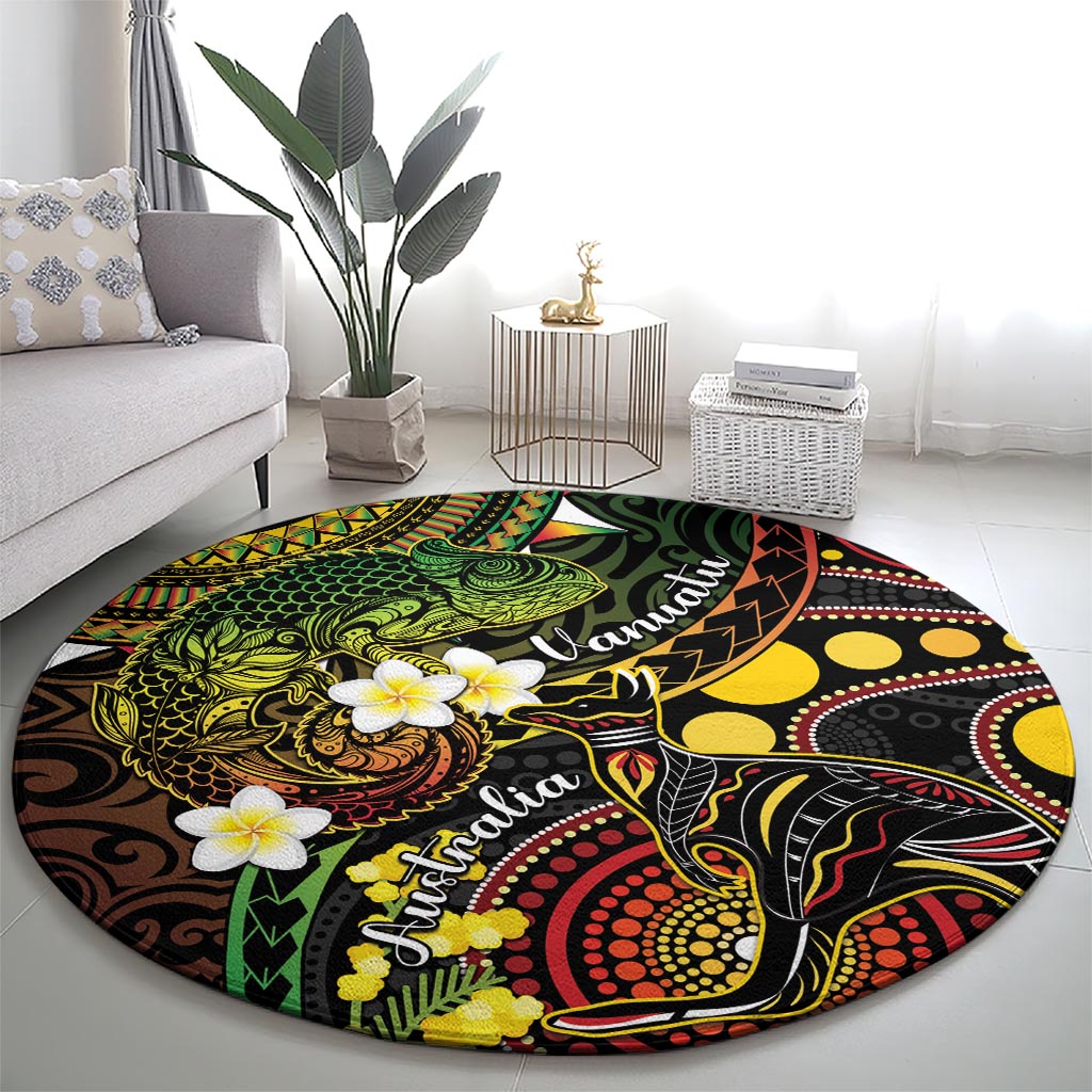 Vanuatu And Australia Aboriginal Round Carpet Iguana And Kangaroo Together