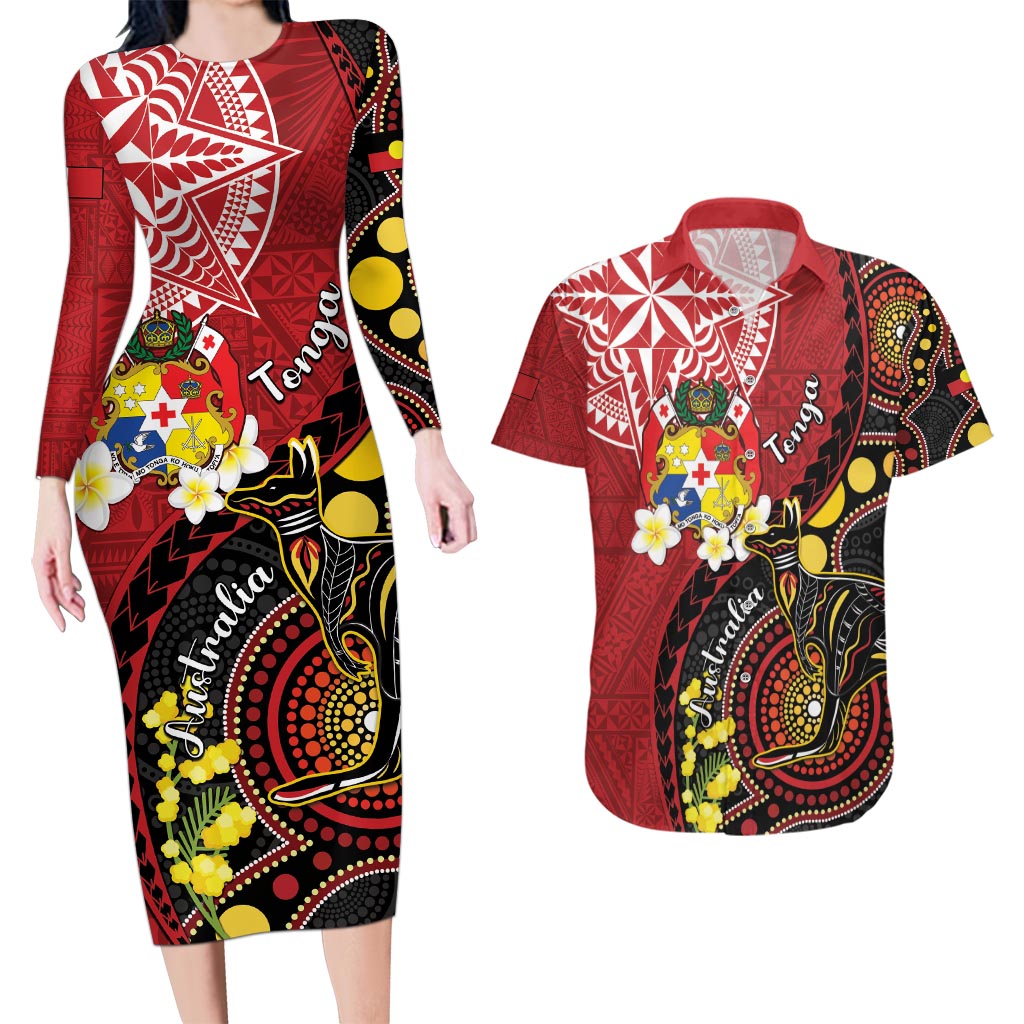 Tonga Ngatu And Australia Aboriginal Couples Matching Long Sleeve Bodycon Dress and Hawaiian Shirt Tongan Dove And Kangaroo Together
