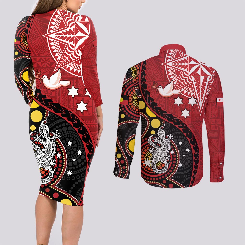 Tonga Ngatu And Australia Aboriginal Couples Matching Long Sleeve Bodycon Dress and Long Sleeve Button Shirt Tongan Dove And Kangaroo Together