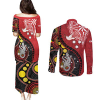 Tonga Ngatu And Australia Aboriginal Couples Matching Puletasi and Long Sleeve Button Shirt Tongan Dove And Kangaroo Together