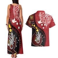 Tonga Ngatu And Australia Aboriginal Couples Matching Tank Maxi Dress and Hawaiian Shirt Tongan Dove And Kangaroo Together