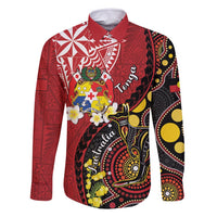 Tonga Ngatu And Australia Aboriginal Family Matching Long Sleeve Bodycon Dress and Hawaiian Shirt Tongan Dove And Kangaroo Together LT05 Dad's Shirt - Long Sleeve Red - Polynesian Pride