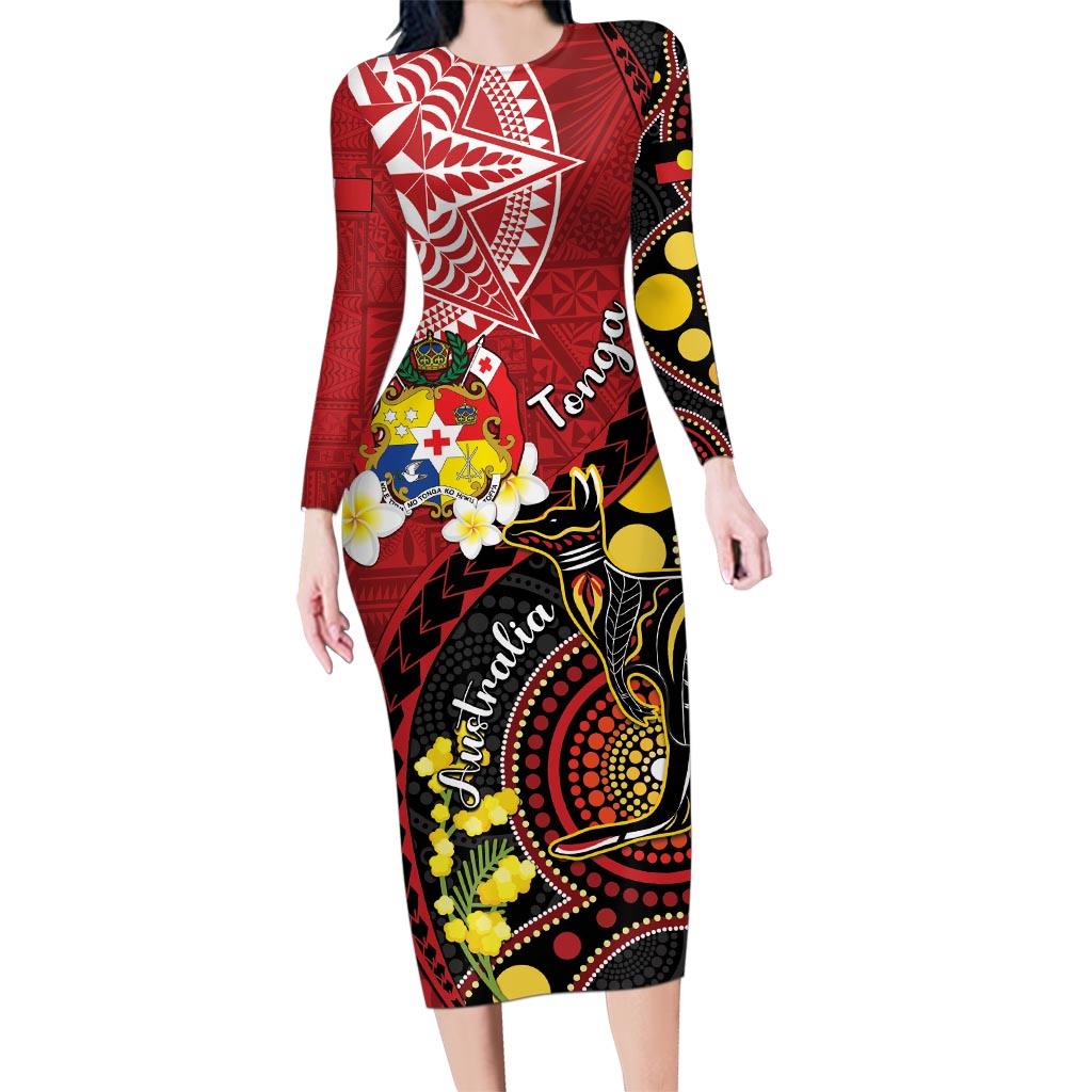 Tonga Ngatu And Australia Aboriginal Family Matching Long Sleeve Bodycon Dress and Hawaiian Shirt Tongan Dove And Kangaroo Together LT05 Mom's Dress Red - Polynesian Pride