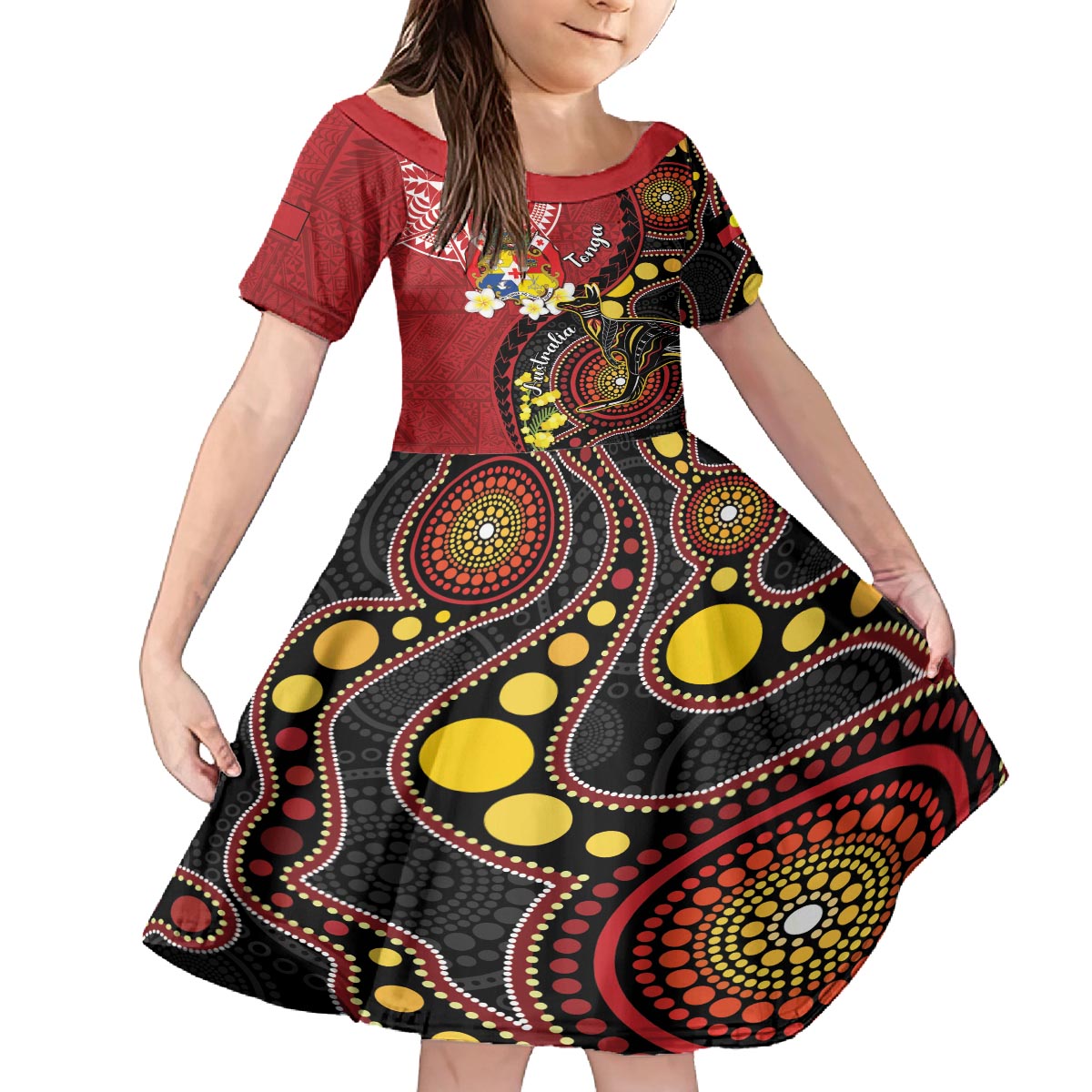 Tonga Ngatu And Australia Aboriginal Family Matching Off The Shoulder Long Sleeve Dress and Hawaiian Shirt Tongan Dove And Kangaroo Together LT05 Daughter's Dress Red - Polynesian Pride