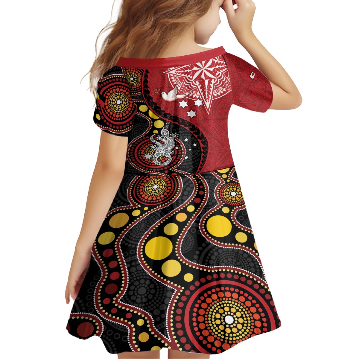 Tonga Ngatu And Australia Aboriginal Family Matching Off The Shoulder Long Sleeve Dress and Hawaiian Shirt Tongan Dove And Kangaroo Together LT05 - Polynesian Pride