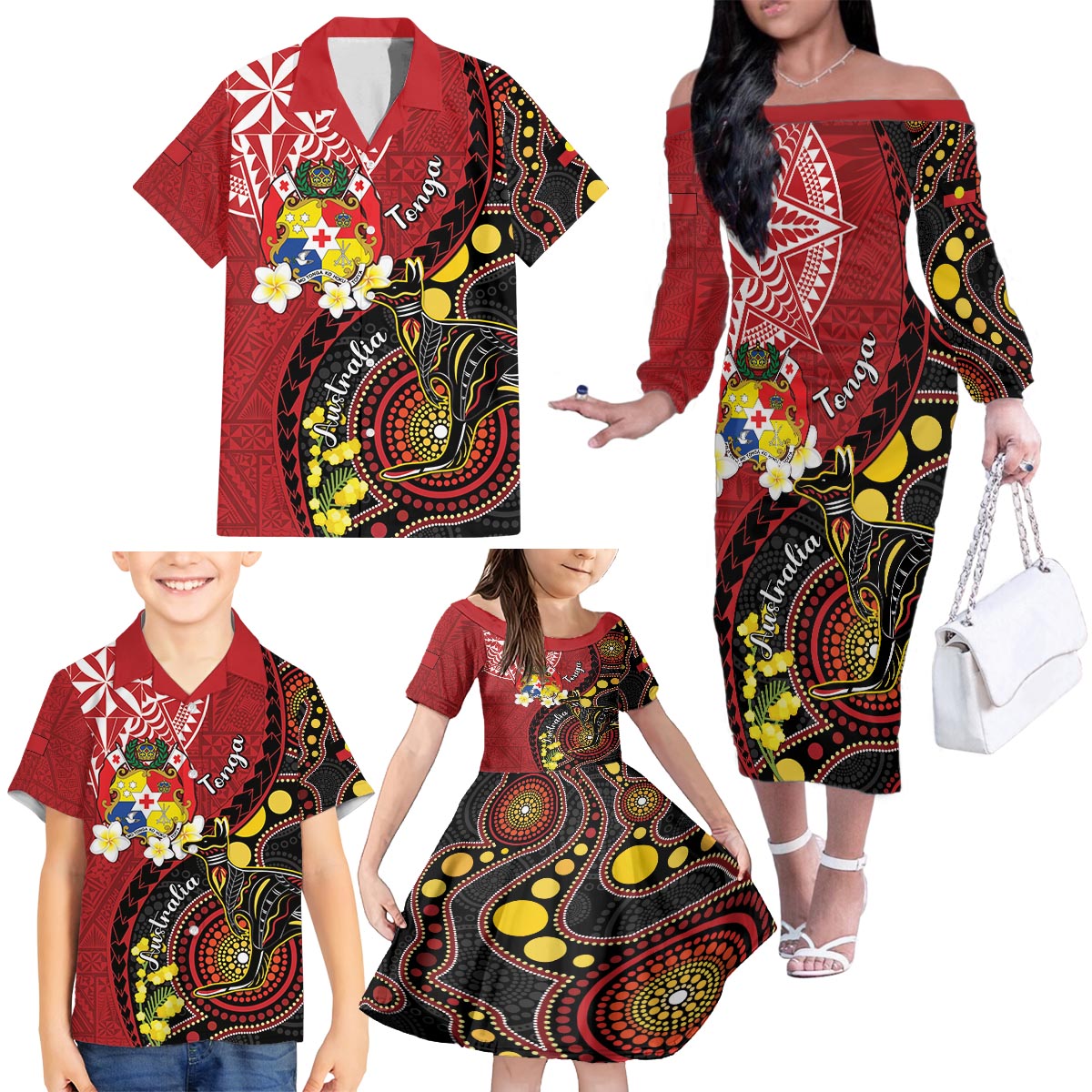 Tonga Ngatu And Australia Aboriginal Family Matching Off The Shoulder Long Sleeve Dress and Hawaiian Shirt Tongan Dove And Kangaroo Together LT05 - Polynesian Pride