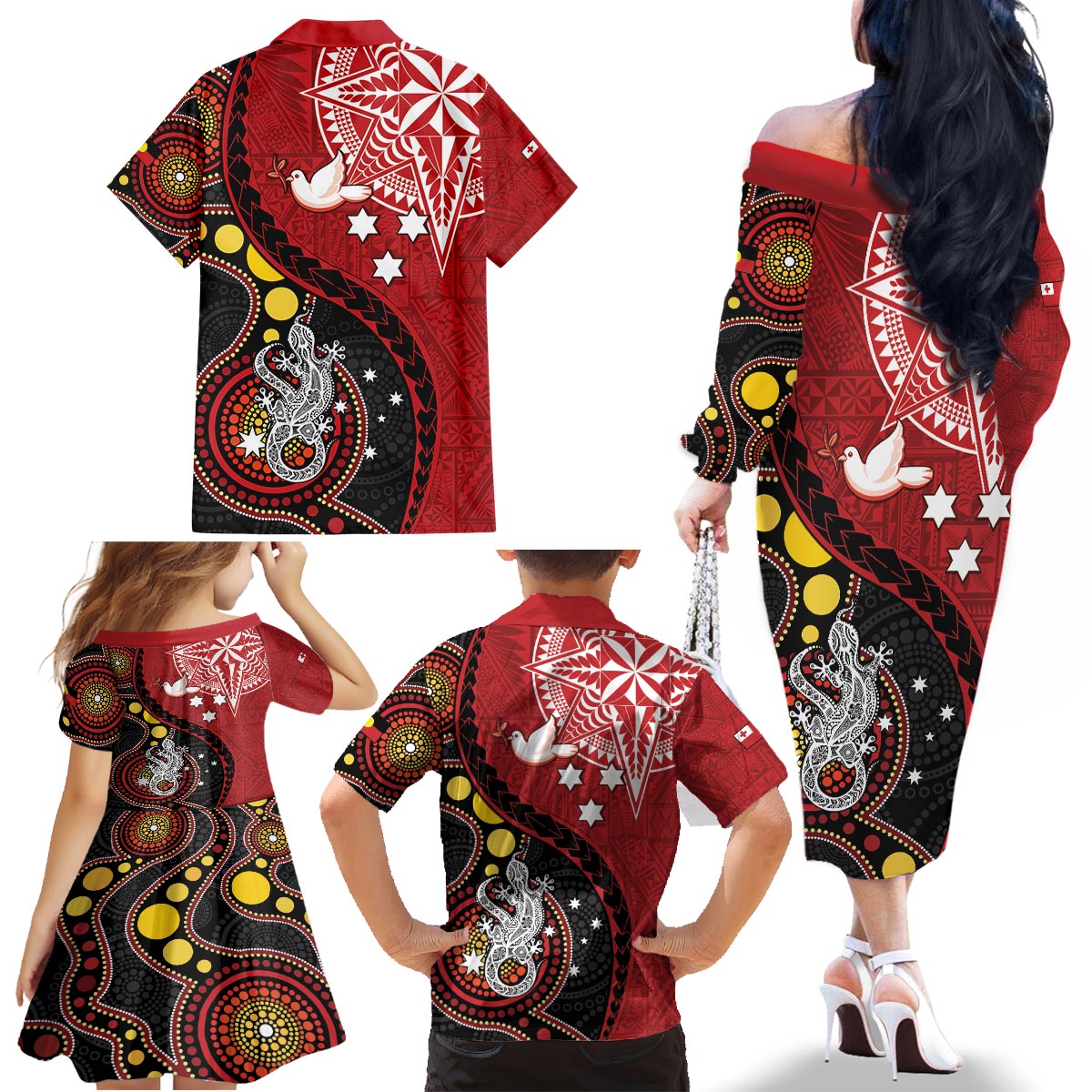 Tonga Ngatu And Australia Aboriginal Family Matching Off The Shoulder Long Sleeve Dress and Hawaiian Shirt Tongan Dove And Kangaroo Together LT05 - Polynesian Pride