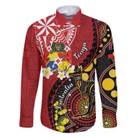 Tonga Ngatu And Australia Aboriginal Family Matching Off The Shoulder Long Sleeve Dress and Hawaiian Shirt Tongan Dove And Kangaroo Together LT05 Dad's Shirt - Long Sleeve Red - Polynesian Pride