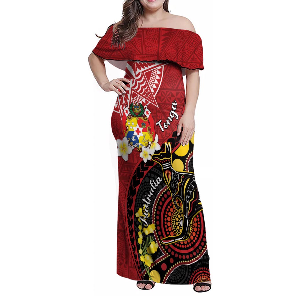 Tonga Ngatu And Australia Aboriginal Family Matching Off Shoulder Maxi Dress and Hawaiian Shirt Tongan Dove And Kangaroo Together LT05 Mom's Dress Red - Polynesian Pride