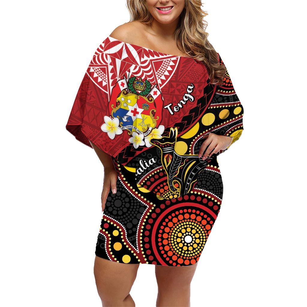 Tonga Ngatu And Australia Aboriginal Family Matching Off Shoulder Short Dress and Hawaiian Shirt Tongan Dove And Kangaroo Together LT05 Mom's Dress Red - Polynesian Pride