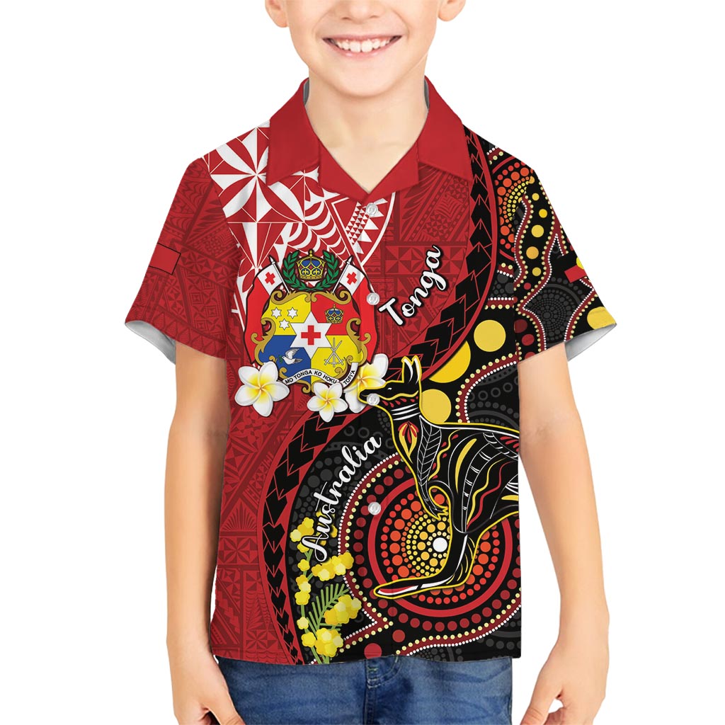 Tonga Ngatu And Australia Aboriginal Family Matching Off Shoulder Short Dress and Hawaiian Shirt Tongan Dove And Kangaroo Together LT05 Son's Shirt Red - Polynesian Pride