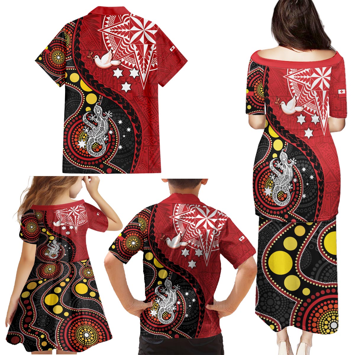 Tonga Ngatu And Australia Aboriginal Family Matching Puletasi and Hawaiian Shirt Tongan Dove And Kangaroo Together LT05 - Polynesian Pride