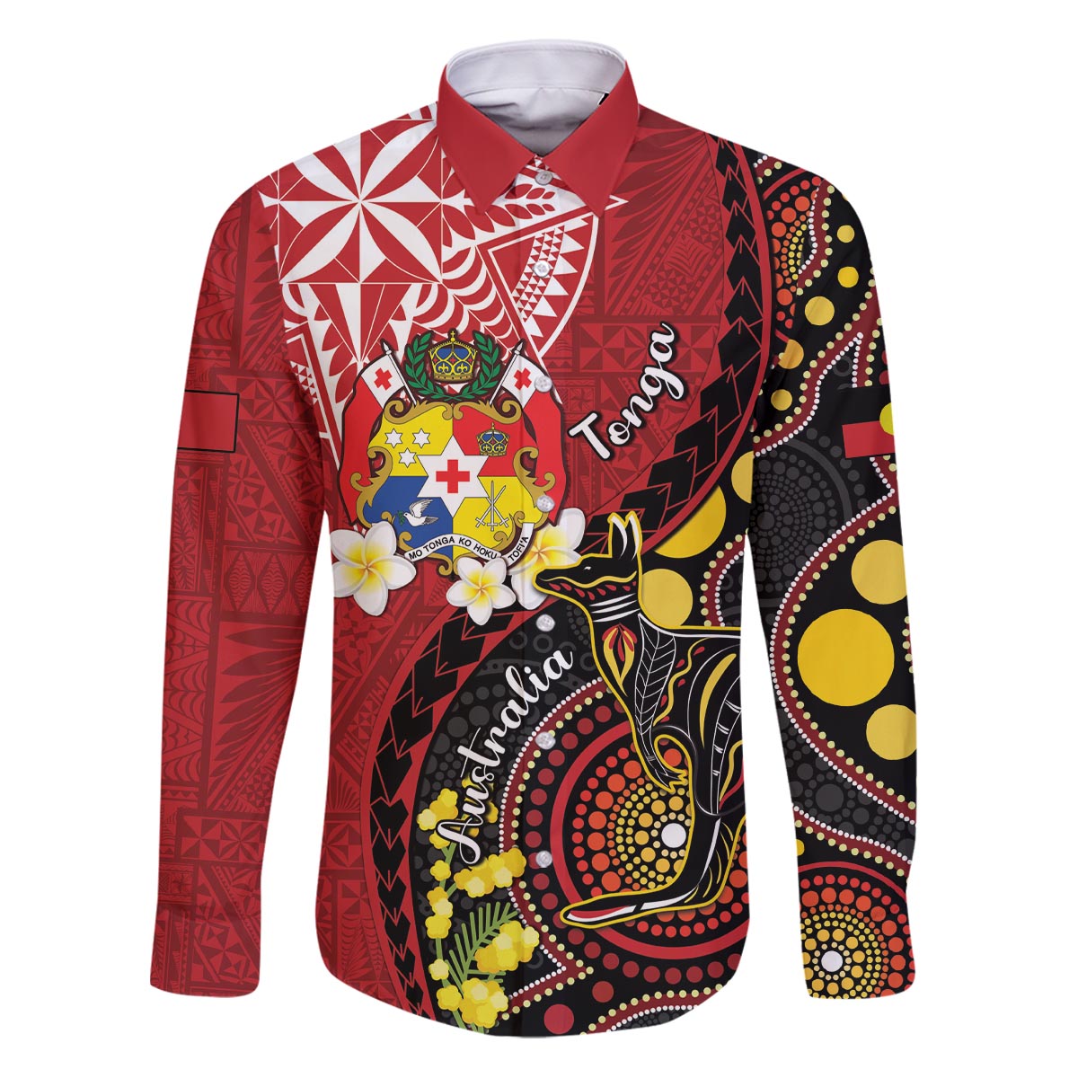 Tonga Ngatu And Australia Aboriginal Family Matching Puletasi and Hawaiian Shirt Tongan Dove And Kangaroo Together LT05 Dad's Shirt - Long Sleeve Red - Polynesian Pride