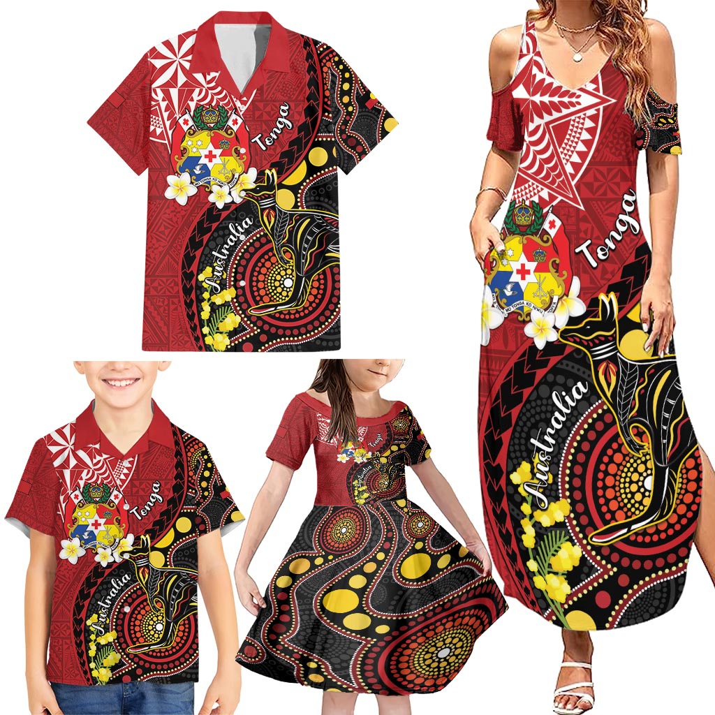 Tonga Ngatu And Australia Aboriginal Family Matching Summer Maxi Dress and Hawaiian Shirt Tongan Dove And Kangaroo Together