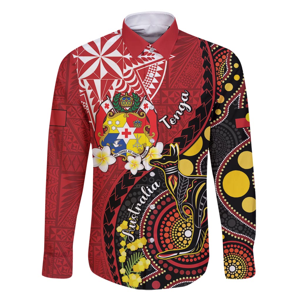 Tonga Ngatu And Australia Aboriginal Family Matching Tank Maxi Dress and Hawaiian Shirt Tongan Dove And Kangaroo Together LT05 Dad's Shirt - Long Sleeve Red - Polynesian Pride