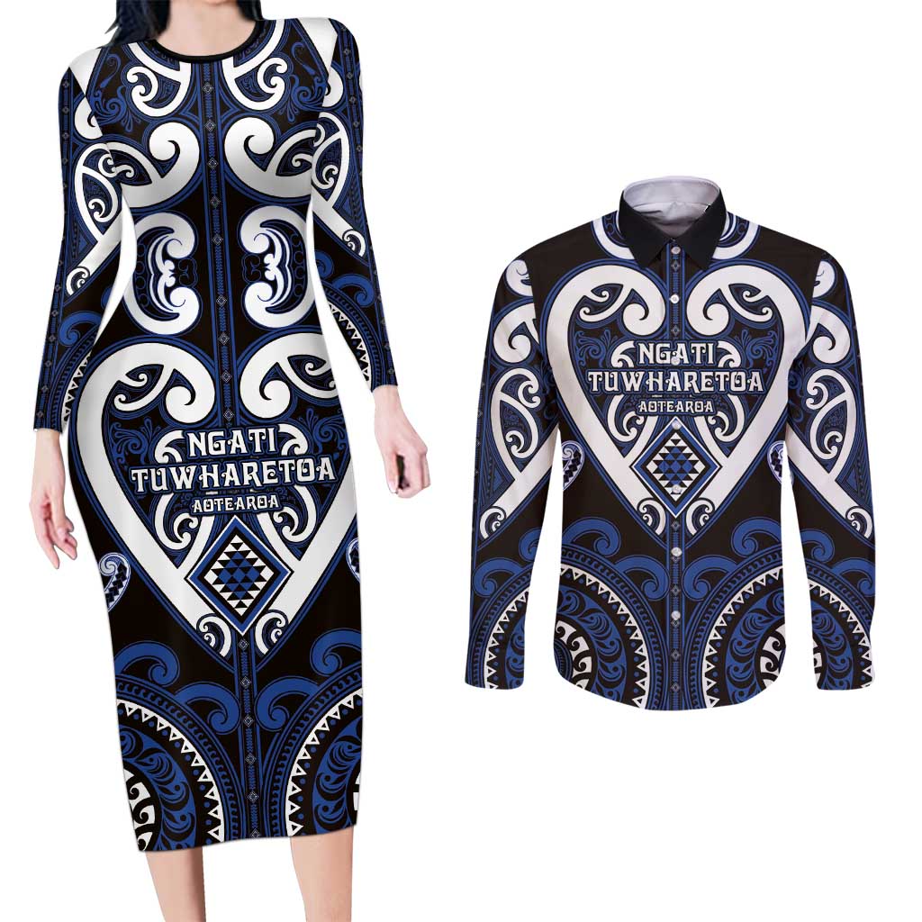Custom Aotearoa Ngati Tuwharetoa Couples Matching Long Sleeve Bodycon Dress and Long Sleeve Button Shirt Maori Tribal Pattern