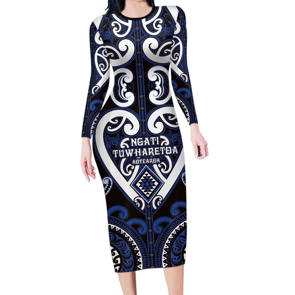Custom Aotearoa Ngati Tuwharetoa Family Matching Long Sleeve Bodycon Dress and Hawaiian Shirt Maori Tribal Pattern LT05 Mom's Dress Navy - Polynesian Pride