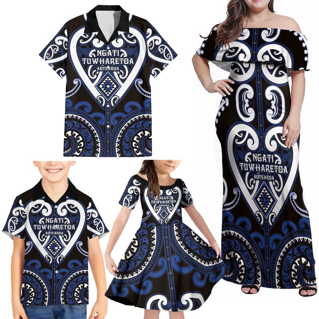 Custom Aotearoa Ngati Tuwharetoa Family Matching Off Shoulder Maxi Dress and Hawaiian Shirt Maori Tribal Pattern