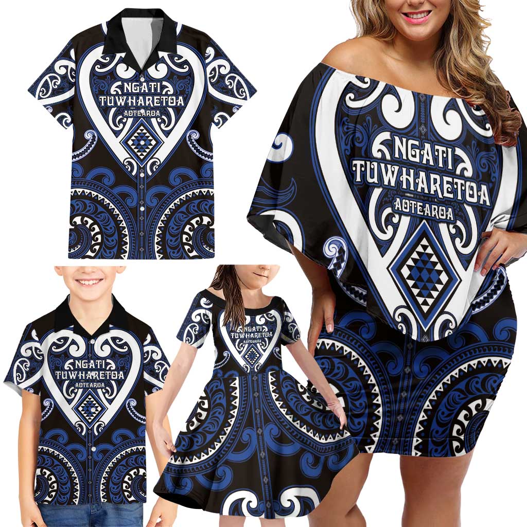 Custom Aotearoa Ngati Tuwharetoa Family Matching Off Shoulder Short Dress and Hawaiian Shirt Maori Tribal Pattern LT05 - Polynesian Pride