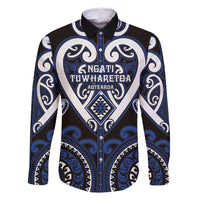Custom Aotearoa Ngati Tuwharetoa Family Matching Off Shoulder Short Dress and Hawaiian Shirt Maori Tribal Pattern LT05 Dad's Shirt - Long Sleeve Navy - Polynesian Pride