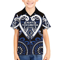 Custom Aotearoa Ngati Tuwharetoa Family Matching Off Shoulder Short Dress and Hawaiian Shirt Maori Tribal Pattern LT05 Son's Shirt Navy - Polynesian Pride