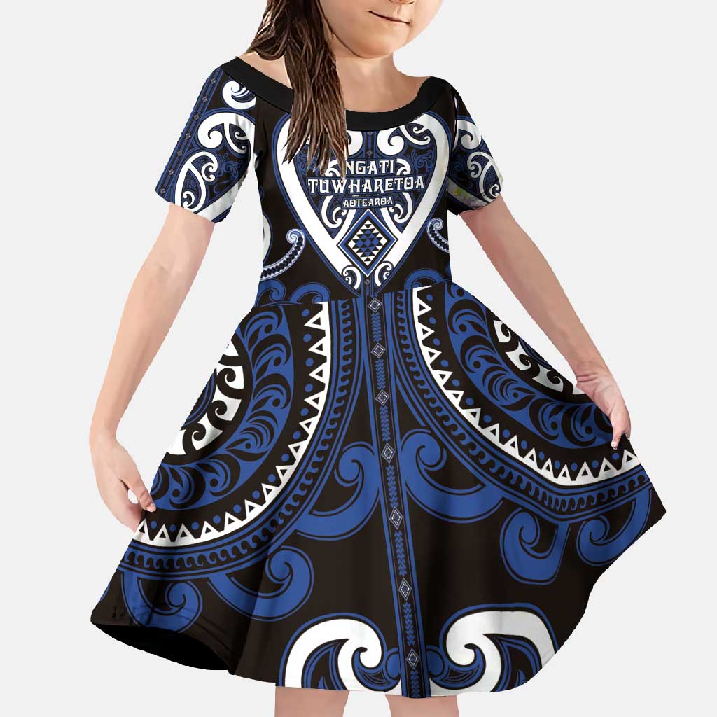 Custom Aotearoa Ngati Tuwharetoa Family Matching Short Sleeve Bodycon Dress and Hawaiian Shirt Maori Tribal Pattern LT05 Daughter's Dress Navy - Polynesian Pride