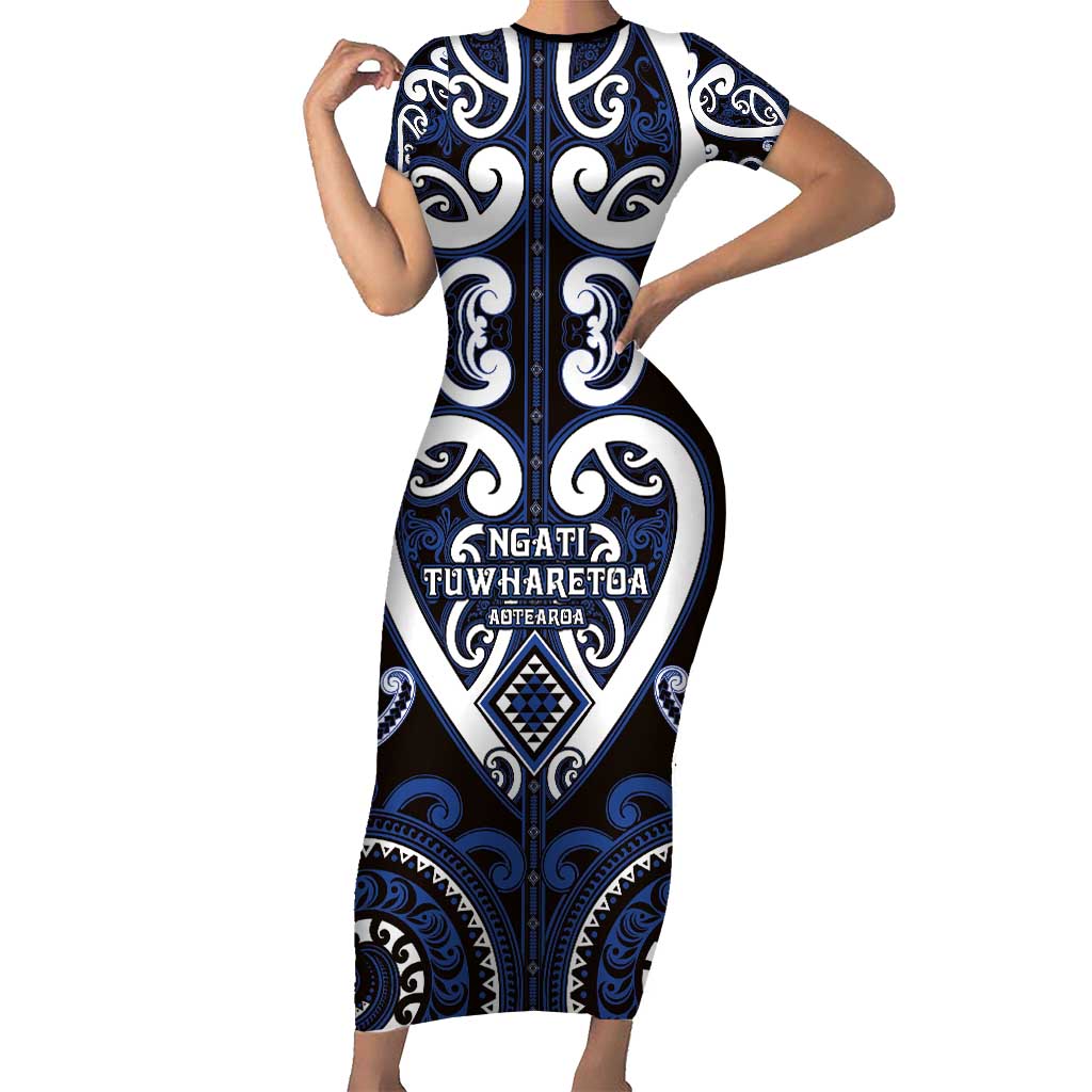 Custom Aotearoa Ngati Tuwharetoa Family Matching Short Sleeve Bodycon Dress and Hawaiian Shirt Maori Tribal Pattern LT05 Mom's Dress Navy - Polynesian Pride