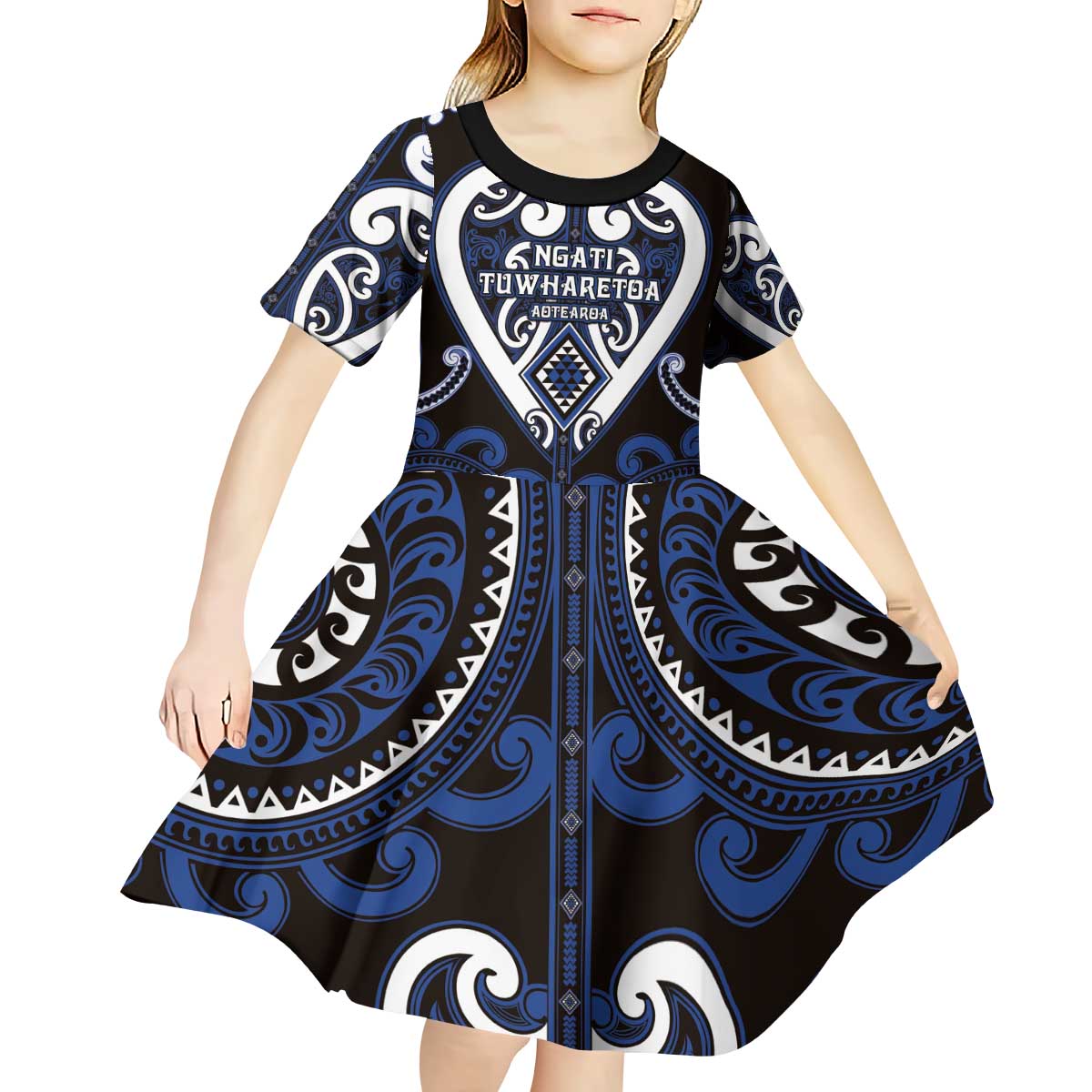 Custom Aotearoa Ngati Tuwharetoa Kid Short Sleeve Dress Maori Tribal Pattern