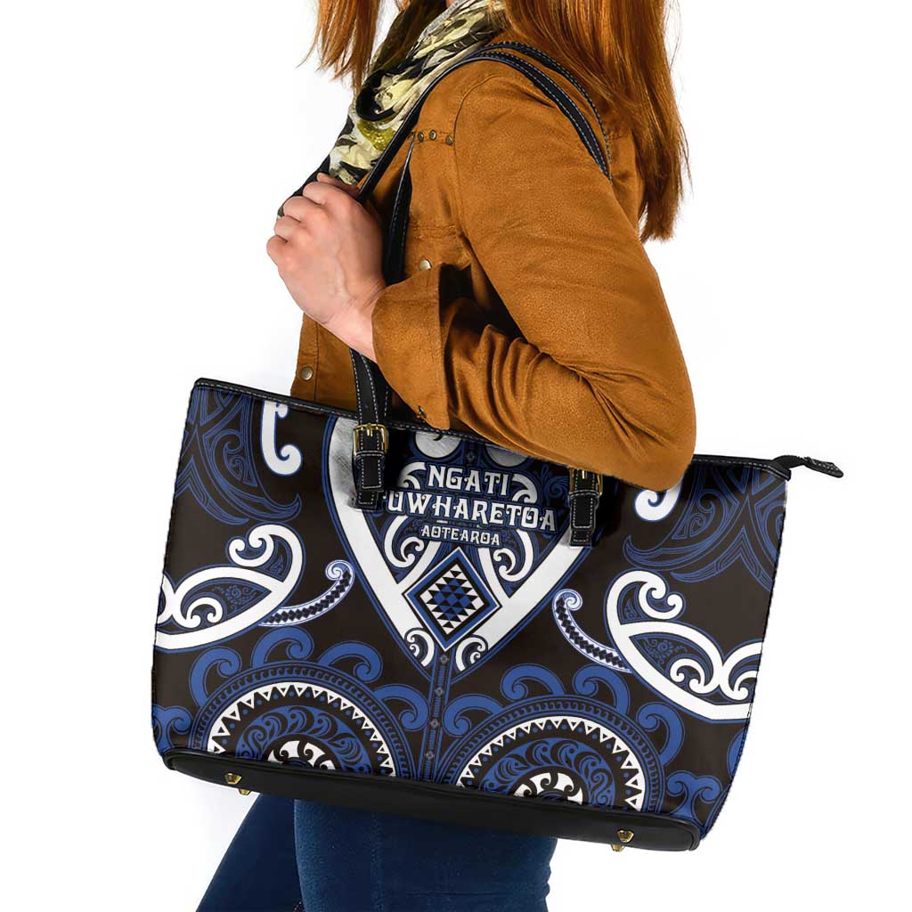 Aotearoa Ngati Tuwharetoa Leather Tote Bag Maori Tribal Pattern LT05 Navy - Polynesian Pride