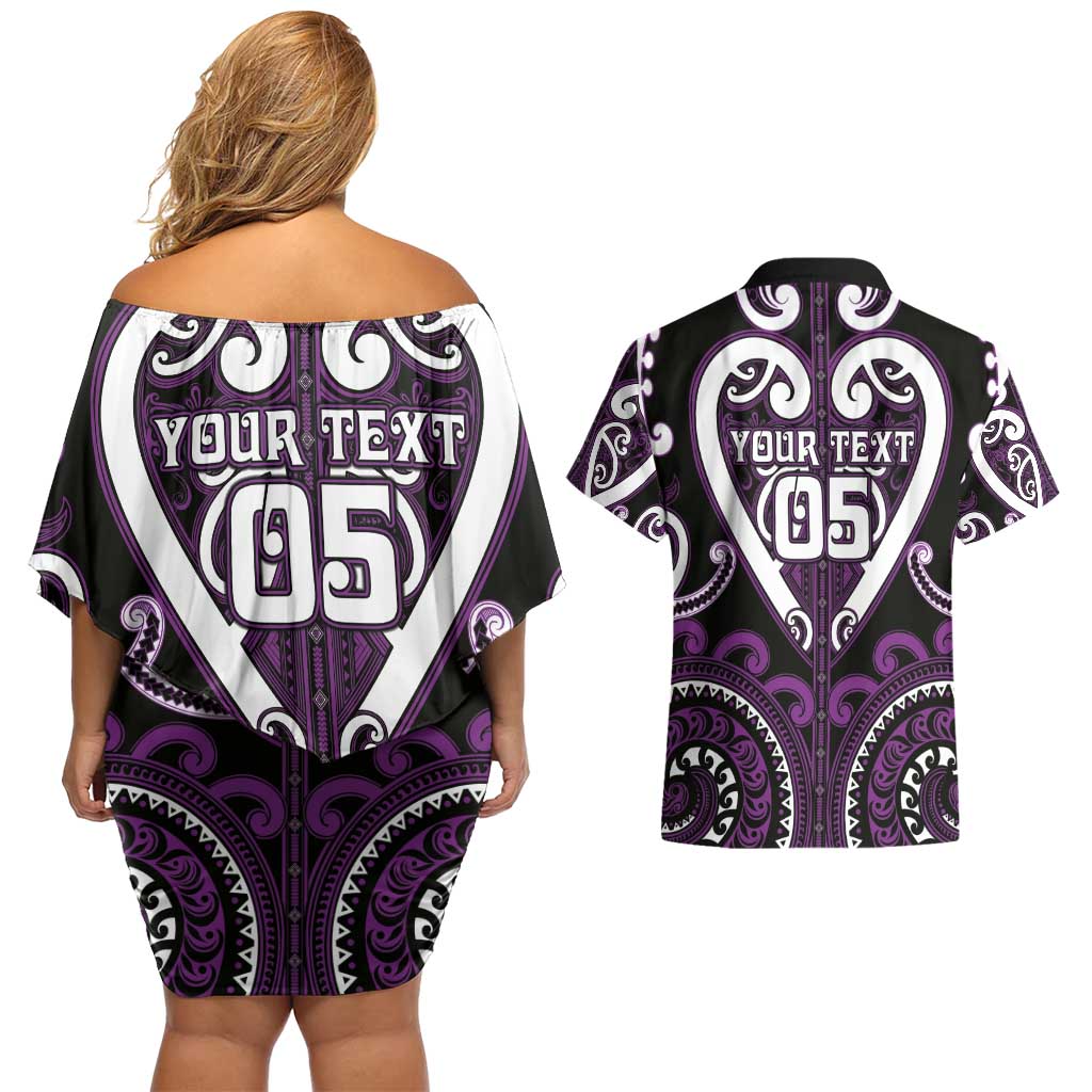 Custom Aotearoa Rangitane Couples Matching Off Shoulder Short Dress and Hawaiian Shirt Maori Tribal Pattern