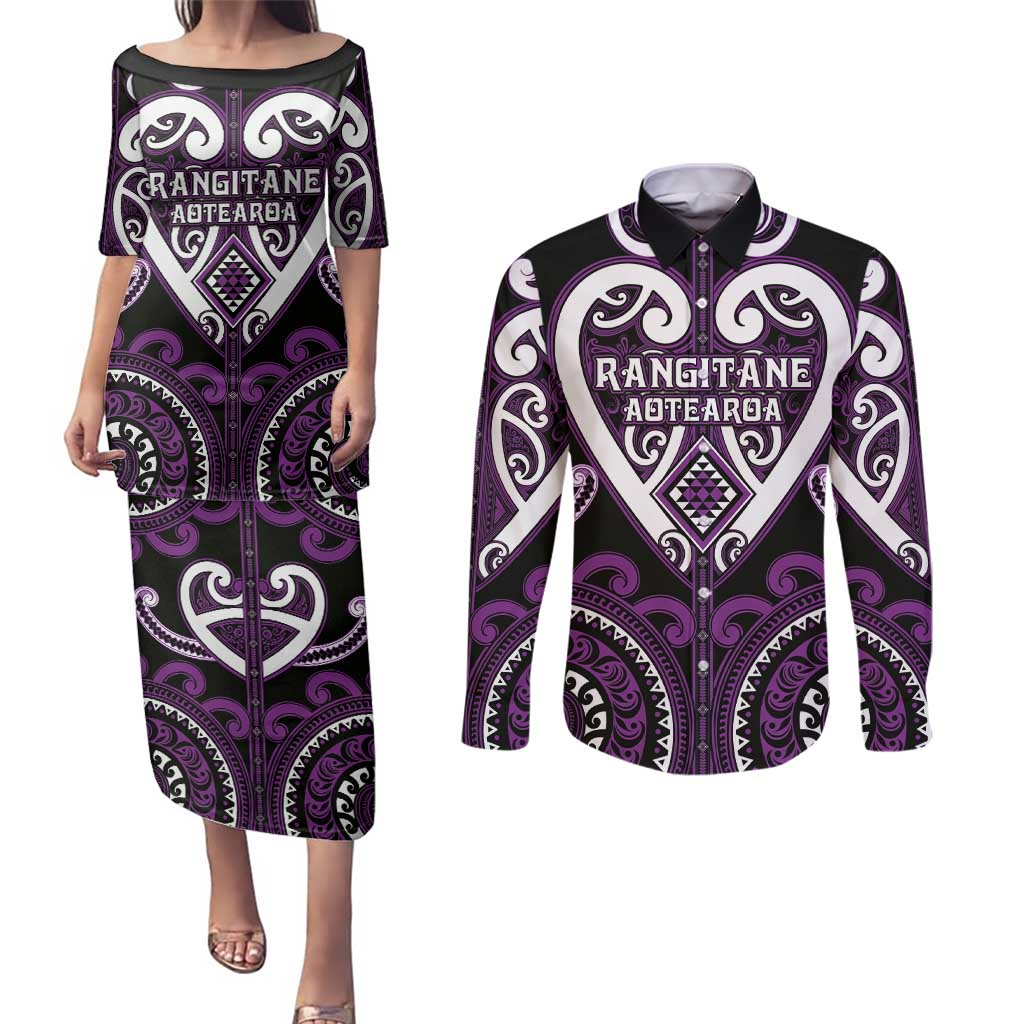 Custom Aotearoa Rangitane Couples Matching Puletasi and Long Sleeve Button Shirt Maori Tribal Pattern