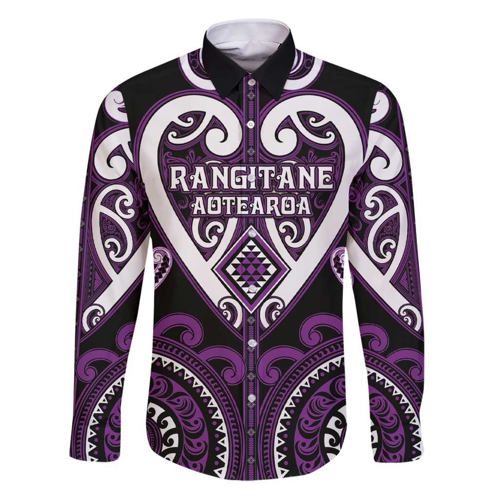 Custom Aotearoa Rangitane Family Matching Short Sleeve Bodycon Dress and Hawaiian Shirt Maori Tribal Pattern LT05 Dad's Shirt - Long Sleeve Purple - Polynesian Pride