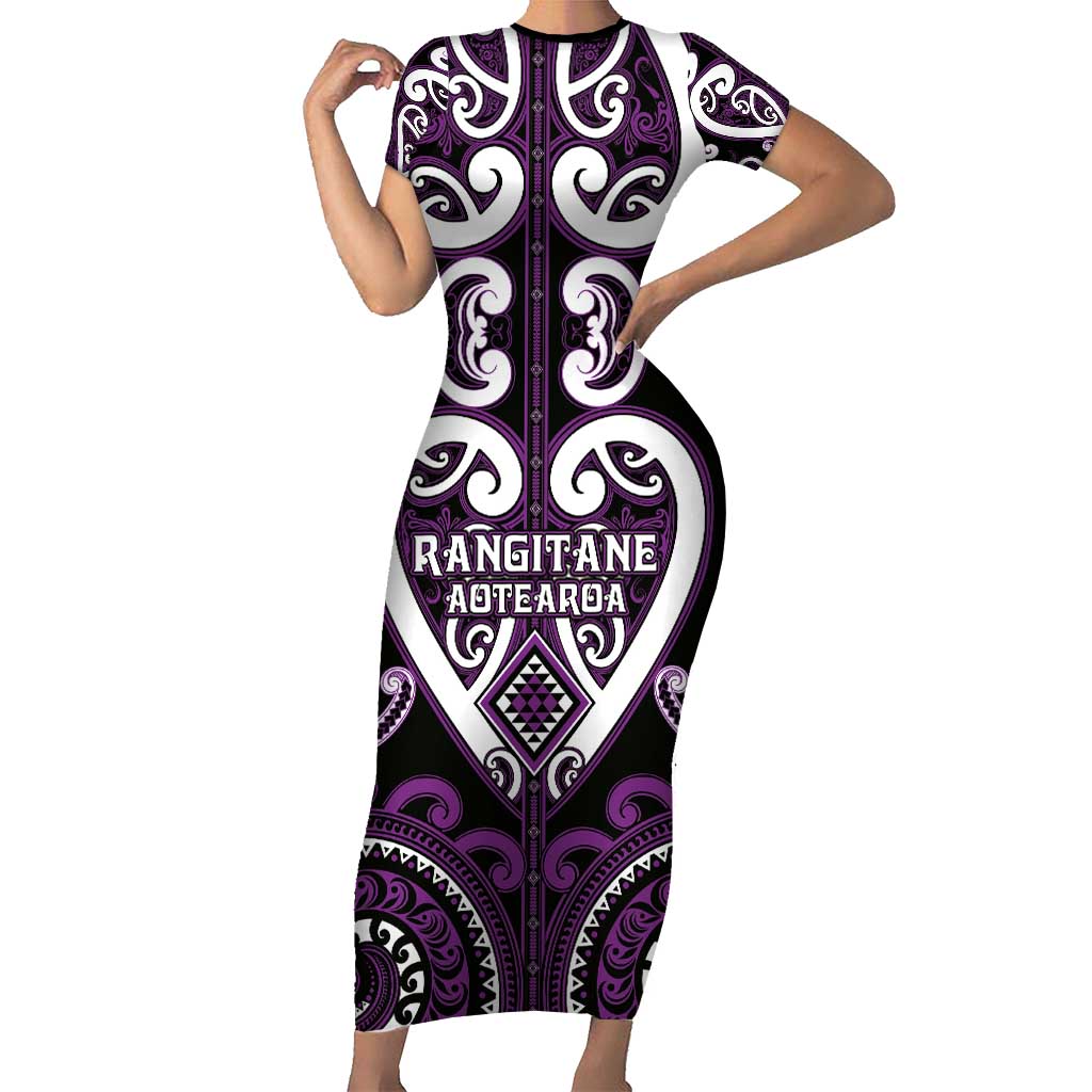 Custom Aotearoa Rangitane Family Matching Short Sleeve Bodycon Dress and Hawaiian Shirt Maori Tribal Pattern LT05 Mom's Dress Purple - Polynesian Pride