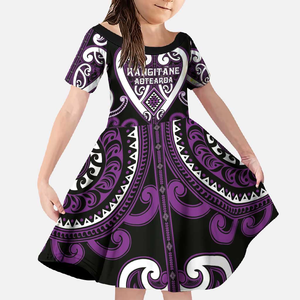 Custom Aotearoa Rangitane Family Matching Tank Maxi Dress and Hawaiian Shirt Maori Tribal Pattern LT05 Daughter's Dress Purple - Polynesian Pride
