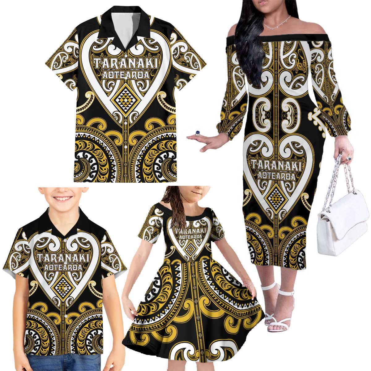 Custom Aotearoa Taranaki Family Matching Off The Shoulder Long Sleeve Dress and Hawaiian Shirt Maori Tribal Pattern
